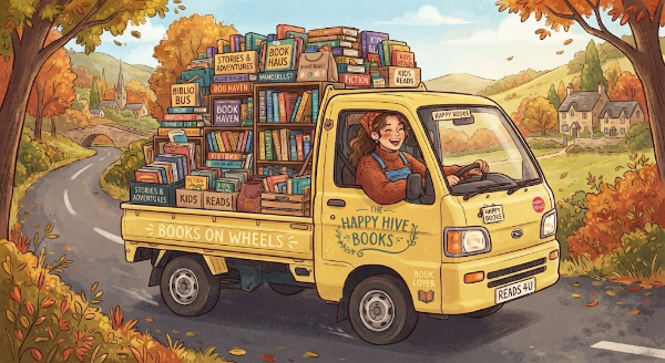 Happy Hive Books – Books on Wheels: a yellow truck loaded with books driving through an autumn village